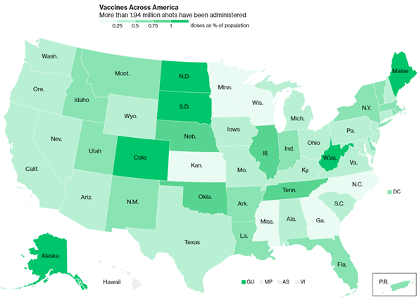 United states map depicting the amount of COVID-19 vaccines administered in each state